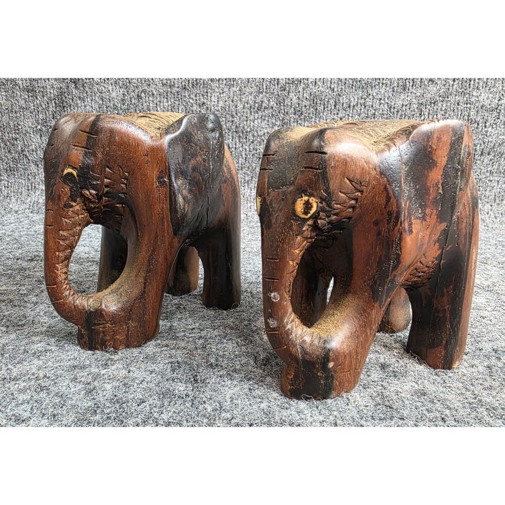 Vtg Hand Carved Wooden Elephant Figurines Set Of 2 Rustic Home Decor